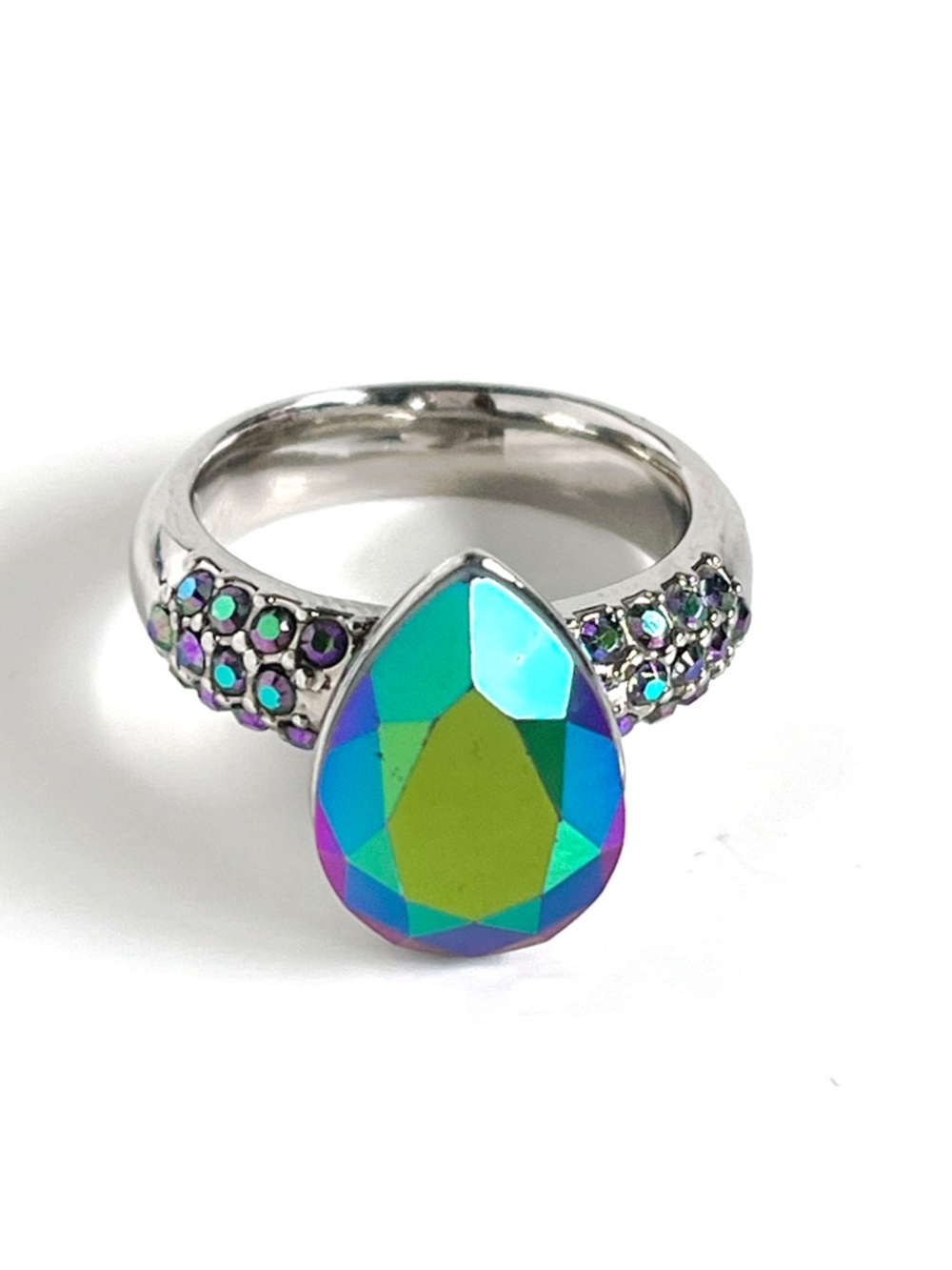 Swarovski Green & Purple Pear Shaped Crystal Accent Ring Size: 52/6